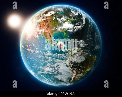 Sunrise above Honduras highlighted in red on model of planet Earth in ...