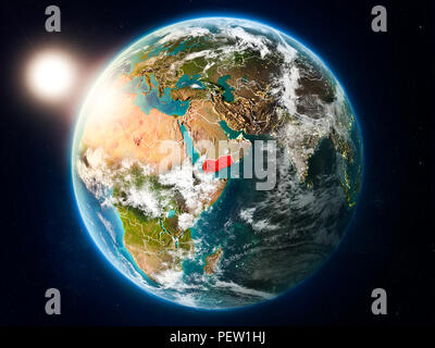 Sunset above Yemen highlighted in red on planet Earth with clouds and visible country borders. 3D illustration. Elements of this image furnished by NA Stock Photo
