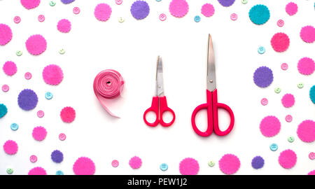 Banner Colored confetti on white background flat lay top view. Festive background copy space tools Stock Photo