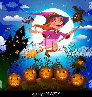 Night on Halloween. A little witch flies on a broom.  Joyful little witch flying on a broomstick in the night sky, against the backdrop of a castle. Stock Vector