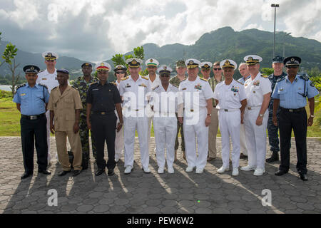 Distinguished visitors from multiple partner nations participate in Cutlass Express 2016 at Port Victoria, Seychelles. The exercise, sponsored by U.S. Africa Command, promotes maritime safety, security, and operational cooperation in East African waters, the western Indian Ocean, and the Gulf of Aden, enhancing multinational naval interoperability, crisis response capability, and regional maritime stability through joint planning and operational exercises. Stock Photo