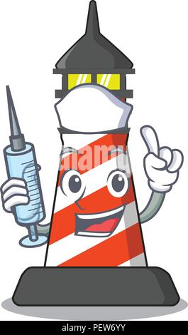Nurse cartoon realistic red lighthouse building Stock Vector
