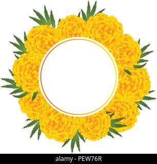 Marigold Flower - Tagetes Banner Wreath isolated on White Background. Vector Illustration. Stock Vector