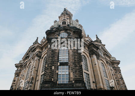 The church is called Frauenkirche against the blue sky in Dresden in Germany. Stock Photo