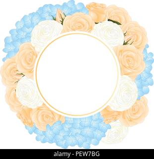 Orange Rose, Blue Hydrangea and White Ranunculus Banner Wreath. isolated on White Background. Vector Illustration. Stock Vector
