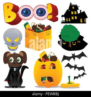 Vector set for Halloween in vibrant colorful cartoon style. Illustration of characters and icons on white background. Dog in costume, pumpkin and othe Stock Vector