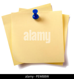 Untidy pinned stack yellow sticky post notes isolated on white Stock Photo