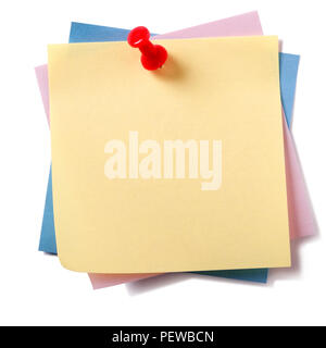 Untidy stack various different colors sticky post notes pinned isolated on white Stock Photo