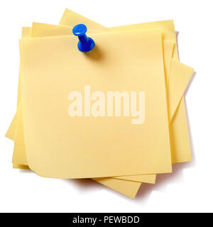 Yellow sticky post notes with pushpin pin isolated on white background Stock Photo