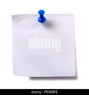 Plain white sticky post note with blue pushpin isolated Stock Photo