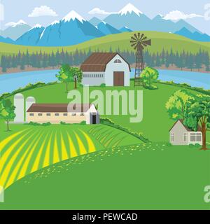 Farm landscape with farm house, windmill and mountain background. Flat color style vector. Stock Vector