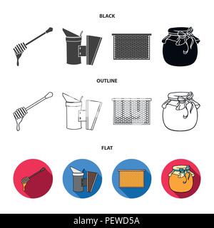 A frame with honeycombs, a ladle of honey, a fumigator from bees, a jar of honey.Apiary set collection icons in black,flat,outline style vector symbol Stock Vector