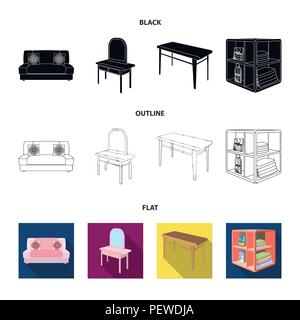 Soft sofa, toilet make-up table, dining table, shelving for laundry and detergent. Furniture and interior set collection icons in black,flat,outline s Stock Vector
