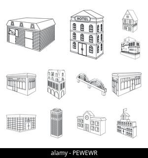 Building and architecture outline icons in set collection for design.The building and dwelling vector isometric symbol stock  illustration. Stock Vector