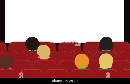 People - men, women and children sitting in movie theater on red seats and watching blank white projection screen with space for your text - vector, f Stock Vector