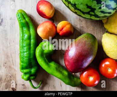 fresh fruits and vegetables on wooden table Stock Photo