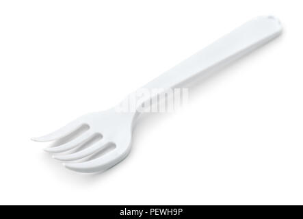 White plastic disposable fork isolated on white Stock Photo