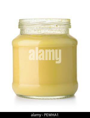 Front view of open baby vegetable puree jar isolated on white Stock Photo