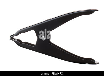 Side view of black metal spring clamp isolated on white Stock Photo