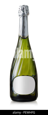 Front view of sparkling wine bottle with blank label isolated on white Stock Photo