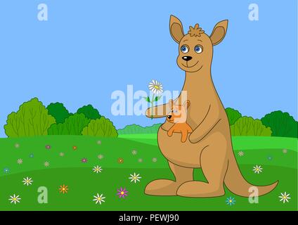 Kangaroo with baby on a meadow Stock Vector