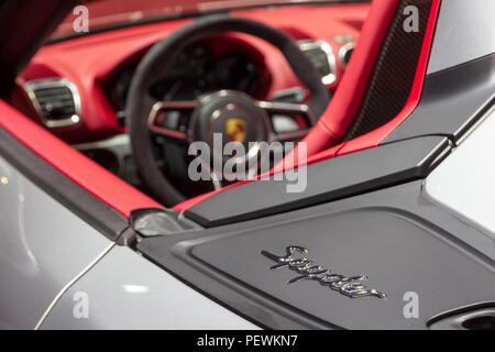 BRUSSELS - JAN 12, 2016: Close up of the New Porsche Boxster Spyder sports car at the Brussels Motor Show. Stock Photo