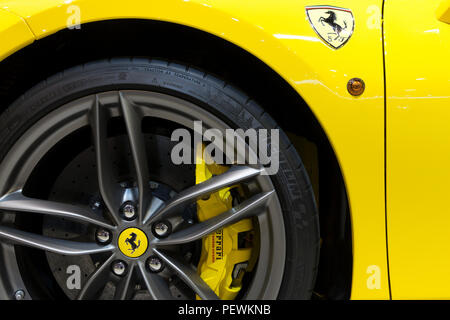 BRUSSELS - JAN 12, 2016: Close up of a Ferrari 488GTB Spider sports car at the Brussels Motor Show. Stock Photo
