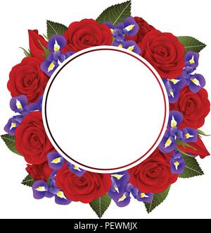 Red Rose and Iris Flower Banner Wreath. isolated on White Background. Vector Illustration. Stock Vector