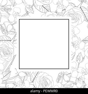 Rose and Iris Flower Outline Frame Border. isolated on White Background ...