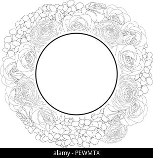 Rose, Hydrangea and Ranunculus Banner Wreath Outline. isolated on White Background. Vector Illustration. Stock Vector