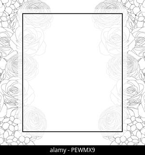 Rose, Hydrangea and Ranunculus Outline Banner Card Border. isolated on White Background. Vector Illustration. Stock Vector