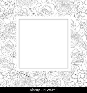 Rose, Hydrangea and Ranunculus Outline Banner Card. Vector Illustration. Stock Vector