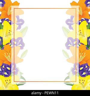 Yellow, Orange Lily and Blue Iris Flower Banner Card Border on White Background. Vector Illustration. Stock Vector