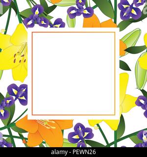 Yellow, Orange Lily and Blue Iris Flower Banner Card. Vector Illustration. Stock Vector