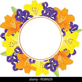 Yellow, Orange Lily and Blue Iris Flower Banner Wreath on White Background. Vector Illustration. Stock Vector
