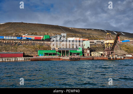russian mining town Barentsburg seen from the sea, Svalbard or Spitsbergen, Europe Stock Photo