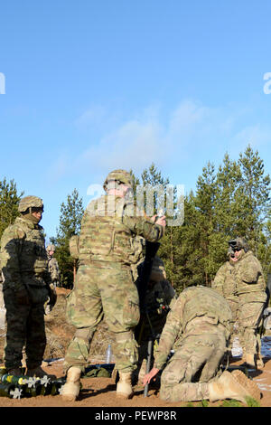 U.S. Soldiers of 3rd Squadron, 2nd Cavalry Regiment, stationed out of Vilseck, Germany, prepare to fire an 81 mm mortar round out of an M252 Mortar System during a joint training exercise at Adazi Training Area in Latvia, Feb. 4, 2016. (Photo by U.S. Army Staff Sgt. Steven M. Colvin/Released) Stock Photo