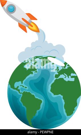 world planet earth with rocket flying Stock Vector