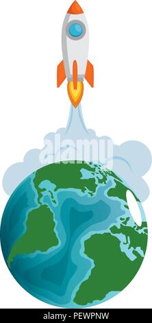 world planet earth with rocket flying Stock Vector