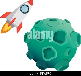 asteroid with craters and rocket flying Stock Vector