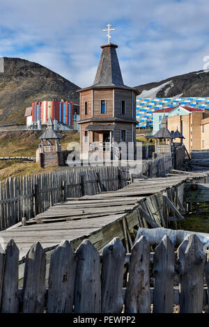 wooden Orthodox Church in russian mining town Barentsburg, Svalbard or Spitsbergen, Europe Stock Photo