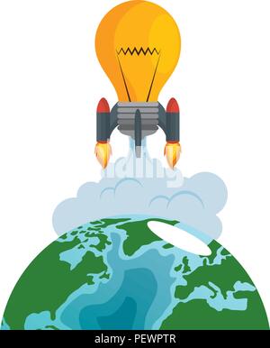 world planet earth with bulb rocket flying Stock Vector