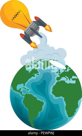 world planet earth with bulb rocket flying Stock Vector