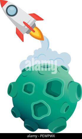 asteroid with craters and rocket flying Stock Vector