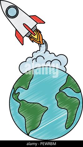 world planet earth with rocket flying Stock Vector