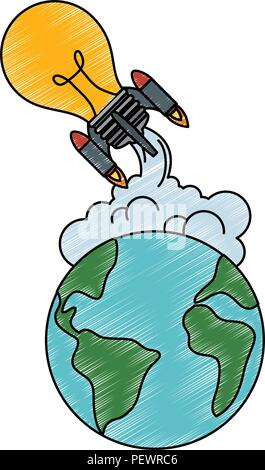 world planet earth with bulb rocket flying Stock Vector