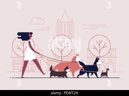 Young girl wearing dress and headphones walks dogs on leash along city street against buildings on background. Female cartoon character promenades or strolls with her domestic animals in downtown. Stock Vector