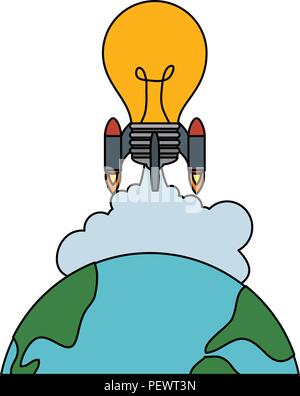 world planet earth with bulb rocket flying Stock Vector