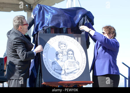 A honorary Presidential one dollar coin, displaying a portrait of First Lady Nancy Reagan is unveiled at the President Ronald Reagan wreath laying ceremony, at the Ronald Reagan Presidential Foundation and Library, Simi Valley, Calif., Feb. 6, 2016. The purpose of this ceremony is to honor the 105th Anniversary of his birth and pay tribute to his distinguished service to a grateful nation. (U.S. Marine Corps photo by Cpl. Brian Bekkala/MCIWEST-MCB CamPen Combat Camera/Released) Stock Photo