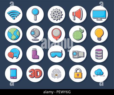 icon set of innovation and technology concept over white circles and blue background, vector illustration Stock Vector